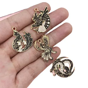 Gothic style black and white enamel dragon and phoenix charms for DIY jewelry making