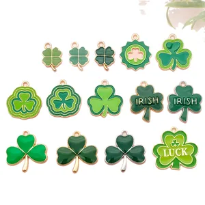 Assorted green enamel shamrock clover charms for Irish festival DIY jewelry making.
