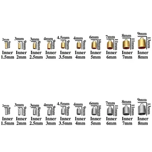 Detailed sizing chart for stainless steel tassel end caps in gold and silver