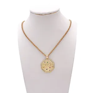 Fashionable gold stainless steel woven chain necklace with octagonal MAMA pendant