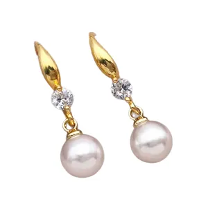 18k gold plated 925 silver needle drop earrings with round white pearls