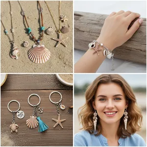 Collage detallado de joyas temáticas del océano con collares de conchas y pulseras
