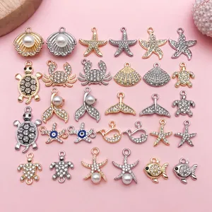 Ocean Theme Alloy Rhinestone Charms Marine Life Turtle Starfish Shell Dolphin Pendants For DIY Necklace Jewelry Making