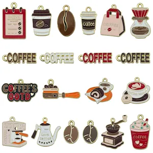 Collection of colorful enamel coffee themed charms for DIY jewelry making accessories