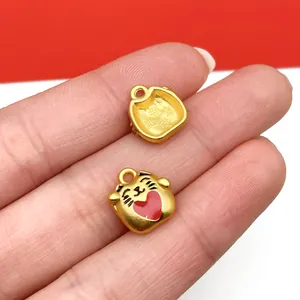 Golden fortune cat charm with red heart for DIY bracelet necklace jewelry making
