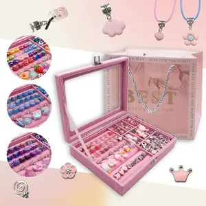 DIY Sieraden Maken Kit Voor Meisjes Roze Fluwelen Sieradendoos Kralen Hangers Armband Ketting Handgemaakte Knutselset Kinderen Cadeau