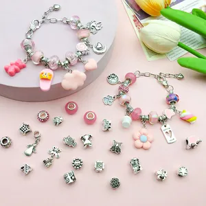 66-delige DIY roze bedelarmband set met hart-, beer- en bloemhangers voor sieraden