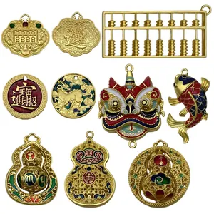 Ancient gold style Chinese jewelry pendants with abacus, gourd, and lion dance designs
