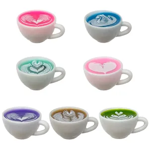 Set of seven colorful miniature resin coffee cup charms with heart and swan latte art