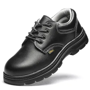 Professional black leather safety work boots with anti-puncture sole and steel toe cap