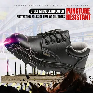 Detail of black leather safety shoe stepping on nails showing puncture resistance.