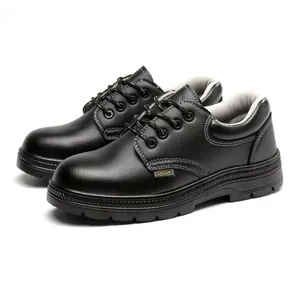 Black leather safety work shoes with anti-smashing and puncture-resistant thick rubber soles
