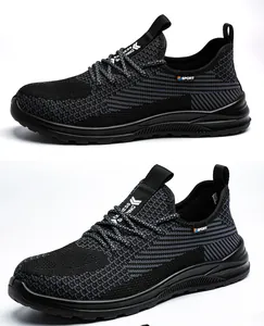 Vistas detalladas de zapatos de seguridad de flyknit negro transpirable con puntera de acero.
