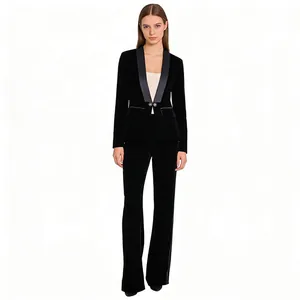 Elegant black velvet shawl collar blazer and matching flare trousers suit set for women.