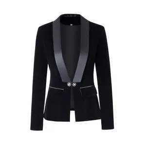 Front detail of a luxury women's black velvet blazer featuring a satin shawl collar