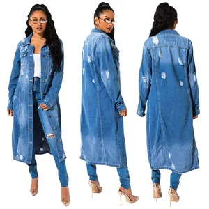 Three-way view of distressed long denim trench coat with button closure and lapel collar