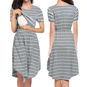 Detail showing front and back of a grey and white striped nursing dress for mothers