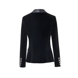 Back view of elegant black velvet blazer with satin shawl collar and button cuffs