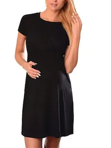 Close-up of a black short-sleeved maternity nursing dress worn by a model