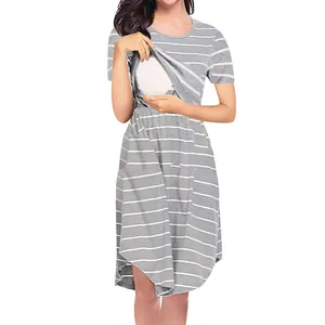 Detail showing functional overlap opening on striped short sleeve maternity nursing dress.