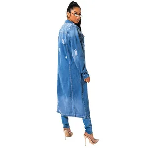 Detailed back view of a women's long distressed denim trench coat jacket in blue style.