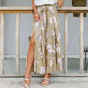 Bohemian floral high waist wide leg trousers with side slit shown on model for casual wear