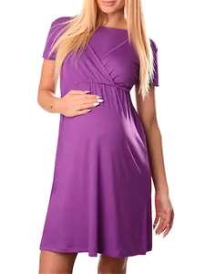 Detailed view of a purple short-sleeved maternity nursing dress worn by a model