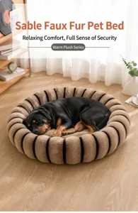Cuccia rotonda in peluche per animali con spessa pelliccia sintetica a righe marroni