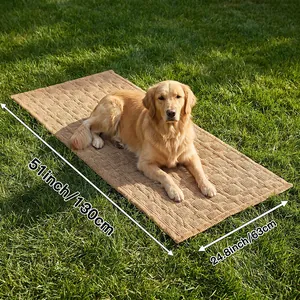Vue détaillée d'un grand tapis brun pour chien avec les dimensions 130cm x 63cm