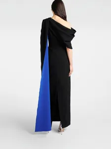 Vestido de Noche para Mujer con Hombros Descubiertos Empalmado Azul Negro Bloque de Color Ajustado Cintura Alta Maxi Largo