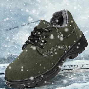 Winter green suede safety shoes featuring thick grey fur lining for warm industrial work