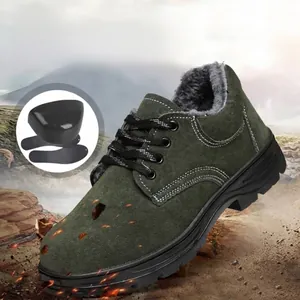 Green leather safety work shoes with warm fur lining and steel toe protection