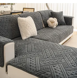 Détail de la housse de canapé en velours hollandais gris foncé avec relief géométrique