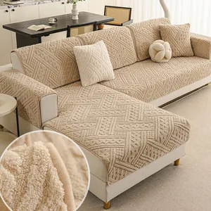 Housse de canapé d'angle élégante en velours beige avec motif géométrique texturé