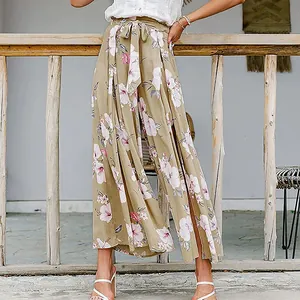 Elegant khaki floral print high waist wide-leg trousers with sexy side slits for women