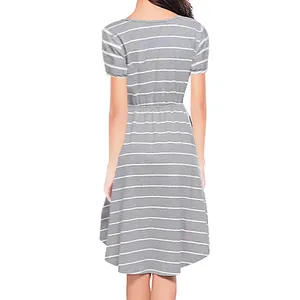 Back view of grey and white horizontal striped short sleeve maternity nursing dress
