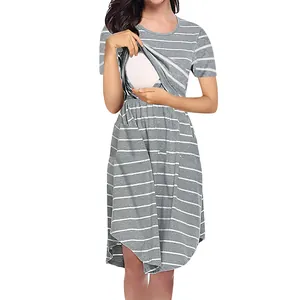 Detail view showing convenient double-layered nursing access on striped maternity dress