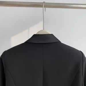 Macro detail view showing the back collar and shoulder stitch of a black casual blazer