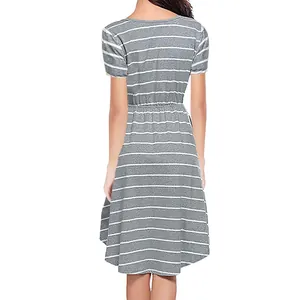 Back view of grey and white striped maternity nursing dress with elastic waist