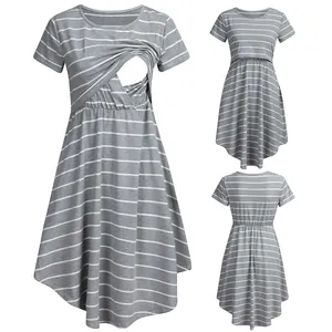 Details of a grey striped nursing dress showing breastfeeding access and fabric texture.