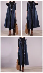 Long sleeveless hooded denim dress with single-breasted buttons in loose fit.