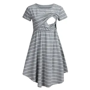 Detailed close-up of grey striped maternity dress featuring functional breastfeeding opening