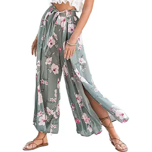 High-waist floral print wide-leg pants with elegant side slit and comfortable loose fit