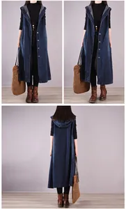 Long sleeveless hooded denim dress with buttons shown from front and back views