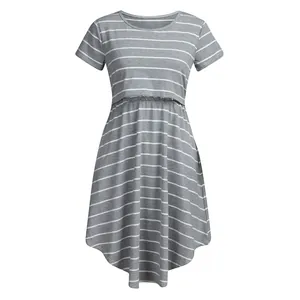 Detailed view of grey striped maternity nursing dress featuring functional layered chest design