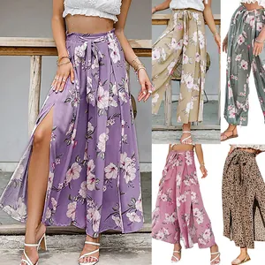 Women High Waisted Wide Leg Pants Digital Floral Print Split Hem Loose Casual Trousers Bohemian Beach Holiday Style