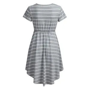Gray and white striped maternity nursing dress showing detailed back view design