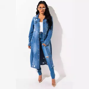 Long blue denim trench coat with distressed ripped detailing for women
