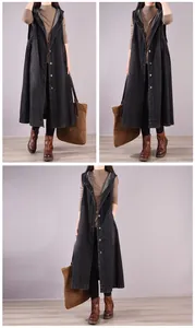 Detail of women's sleeveless hooded denim dress with single-breasted buttons in loose fit