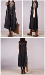 Detailed front, side, and back views of a long sleeveless hooded denim dress in black